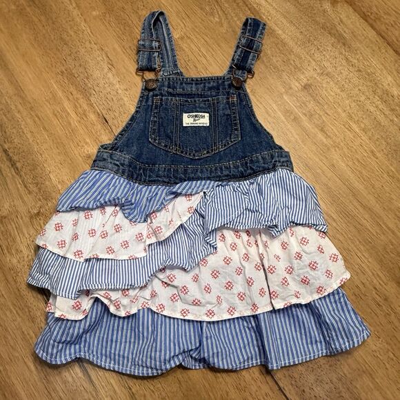 Oshkosh B'gosh 4T Denim Floral Stripe Skirt Tiered Jumper Dress Overall Vestbak - Picture 1 of 9